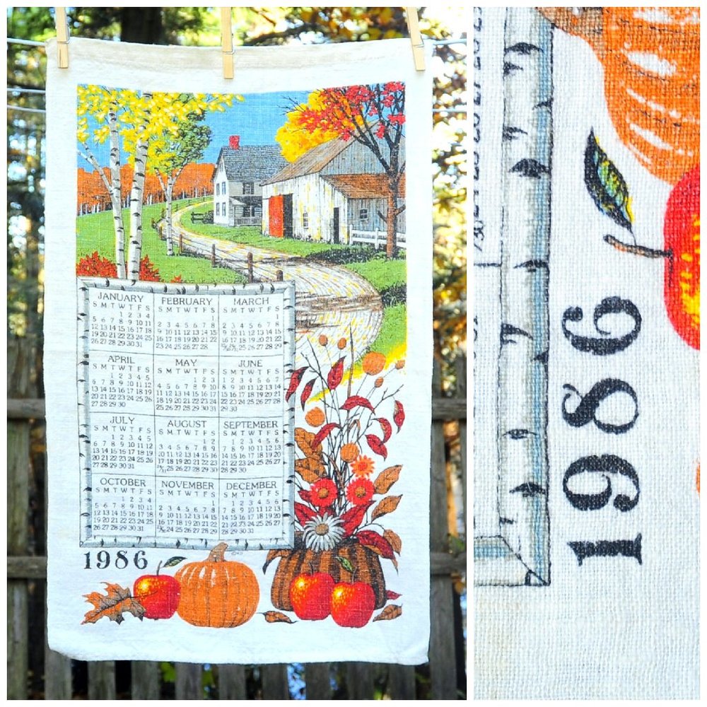 VTG 1986 Autumn Country Road & Farm Calendar Towel Kay Dee Farmcore Cottagecore
